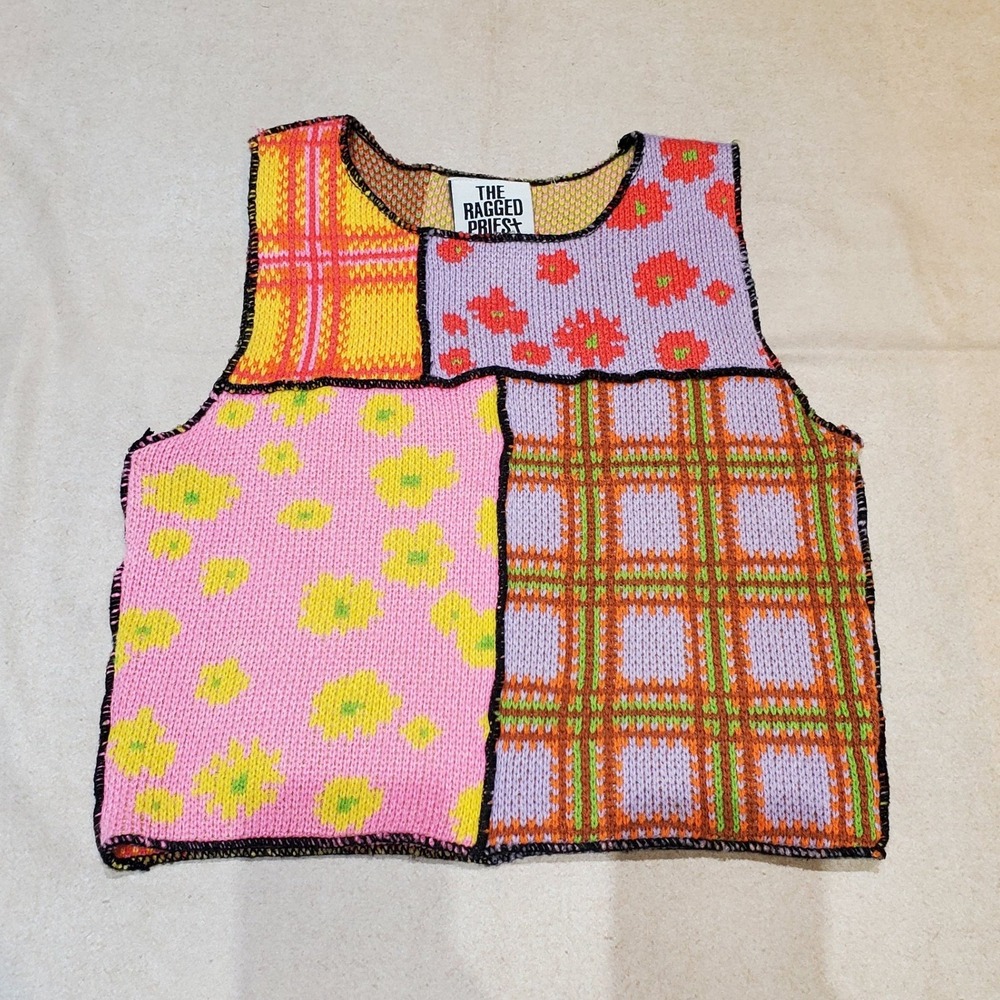The Ragged Priest Cropped Shrunken Patch Work Knit Tank Top Sweater Vest M